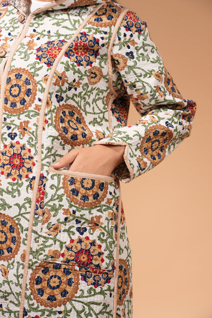 Reversible Chapan with Hood - Floral Suzani Design — Hand-Embroidered — Includes Matching Tote