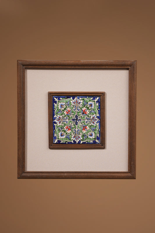 Wooden Wall Décor with Handcrafted Floral Ceramic Tile