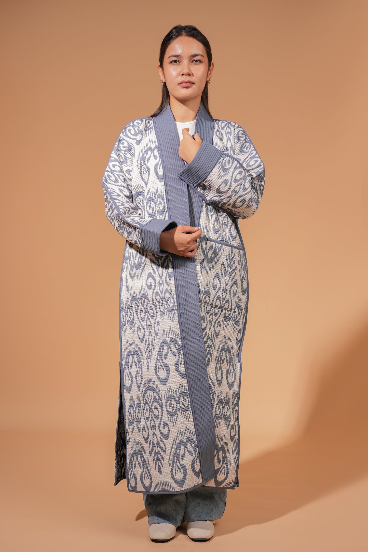 Reversible Ikat Chapan —  Blue & White — Hand-Embroidered — Includes Matching Tote