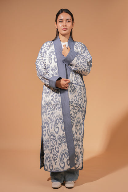 Reversible Ikat Chapan —  Blue & White — Hand-Embroidered — Includes Matching Tote