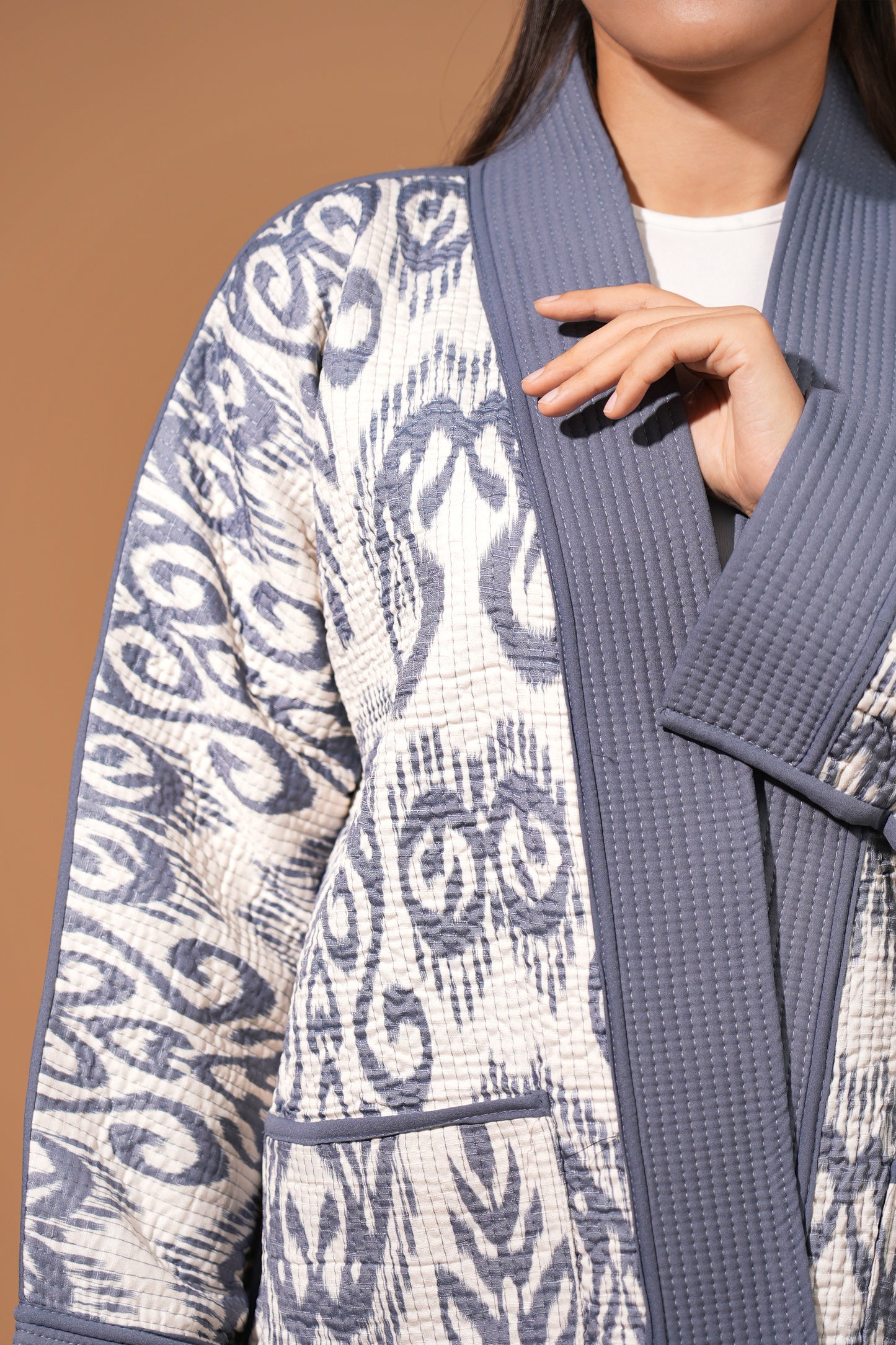 Reversible Ikat Chapan —  Blue & White — Hand-Embroidered — Includes Matching Tote