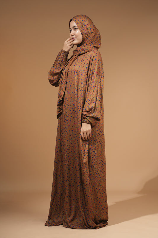 Brown Modest Maxi Dress with Built-In Scarf