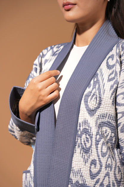 Reversible Ikat Chapan —  Blue & White — Hand-Embroidered — Includes Matching Tote