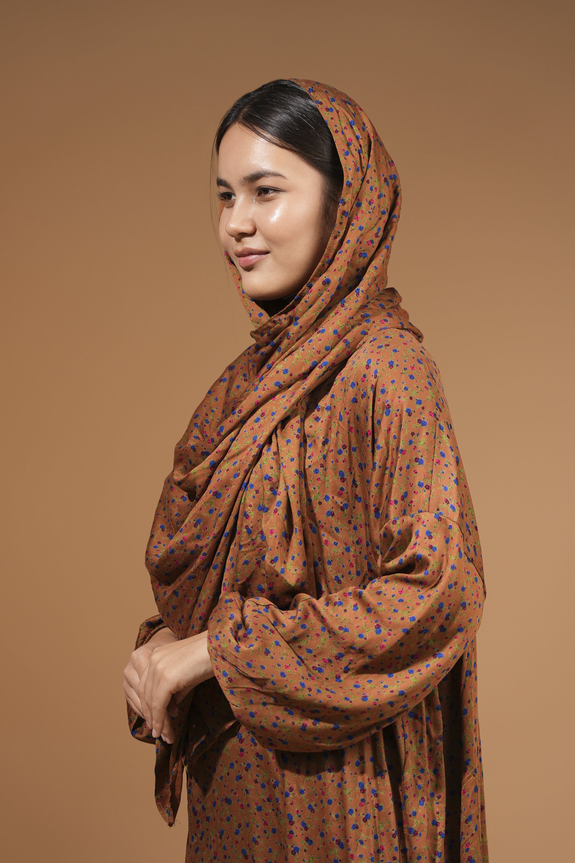 Brown Modest Maxi Dress with Built-In Scarf MO'TADIL Brown Modest Maxi Dress with Built-In Scarf MO'TADIL