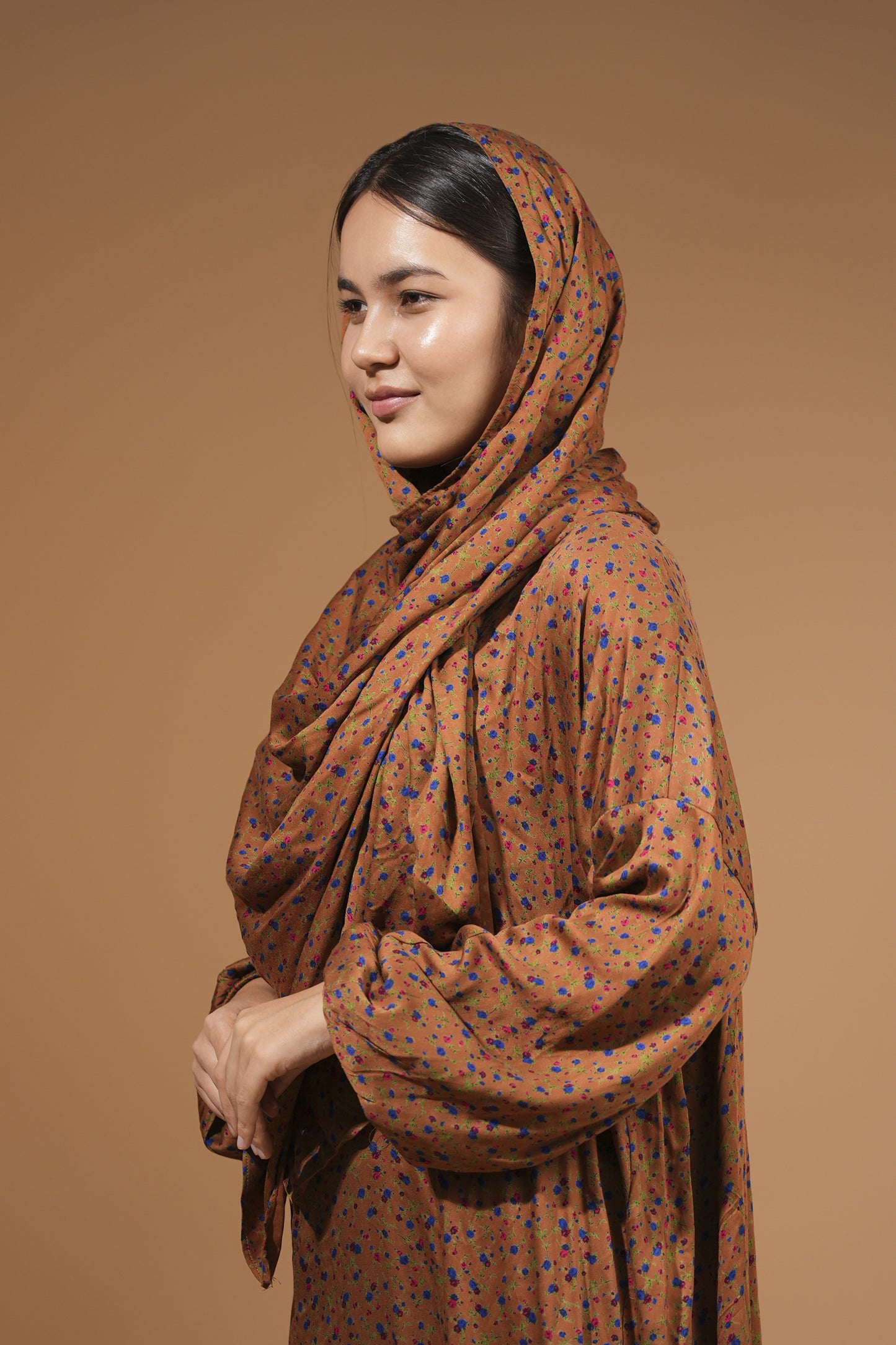 Brown Modest Maxi Dress with Built-In Scarf