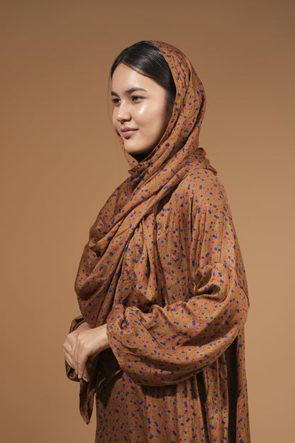 Brown Modest Maxi Dress with Built-In Scarf
