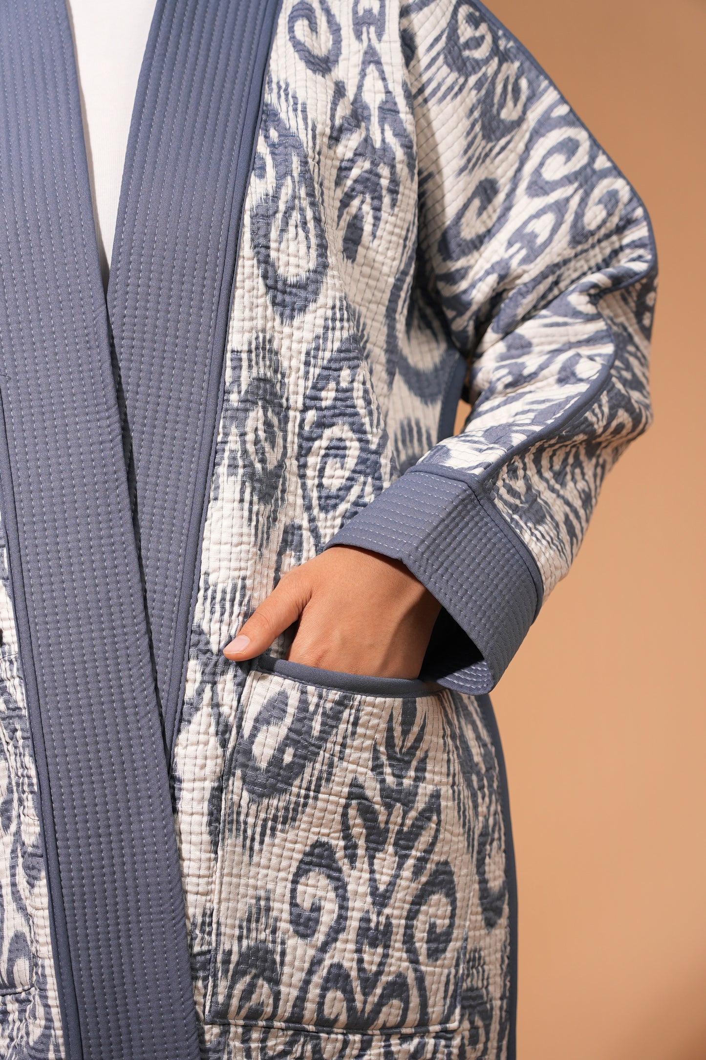 Reversible Ikat Chapan —  Blue & White — Hand-Embroidered — Includes Matching Tote