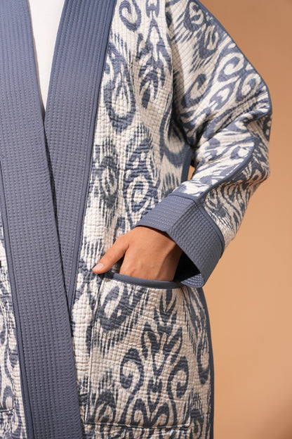 Reversible Ikat Chapan —  Blue & White — Hand-Embroidered — Includes Matching Tote