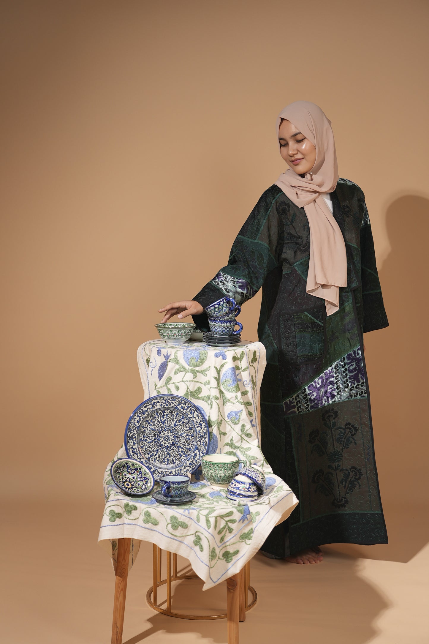 Emerald Velvet Patchwork Long Coat — Hand-Embroidered — Includes Matching Tote Bag