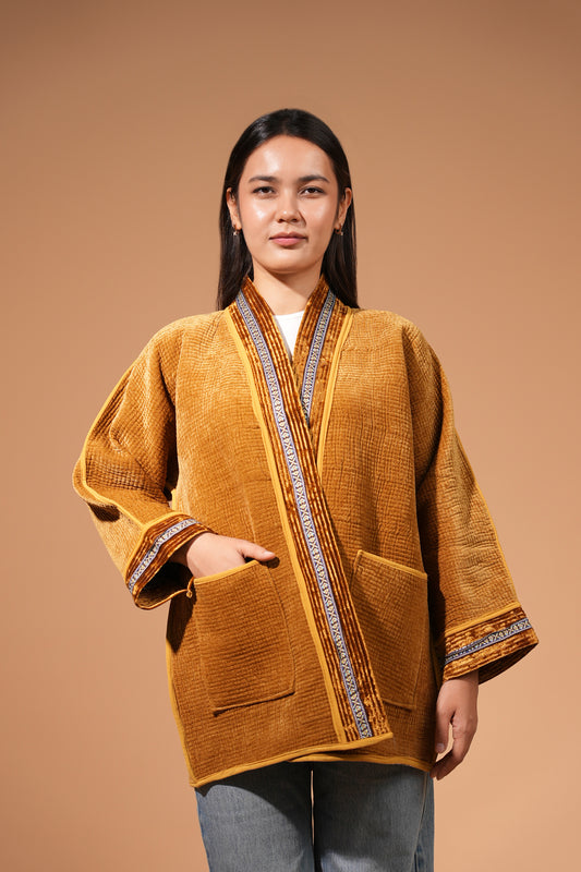 Golden Velvet Chapan with Traditional Ikat Back Panel — Hand-Embroidered