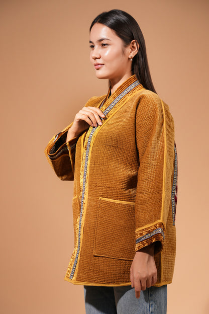 Golden Velvet Chapan with Traditional Ikat Back Panel — Hand-Embroidered