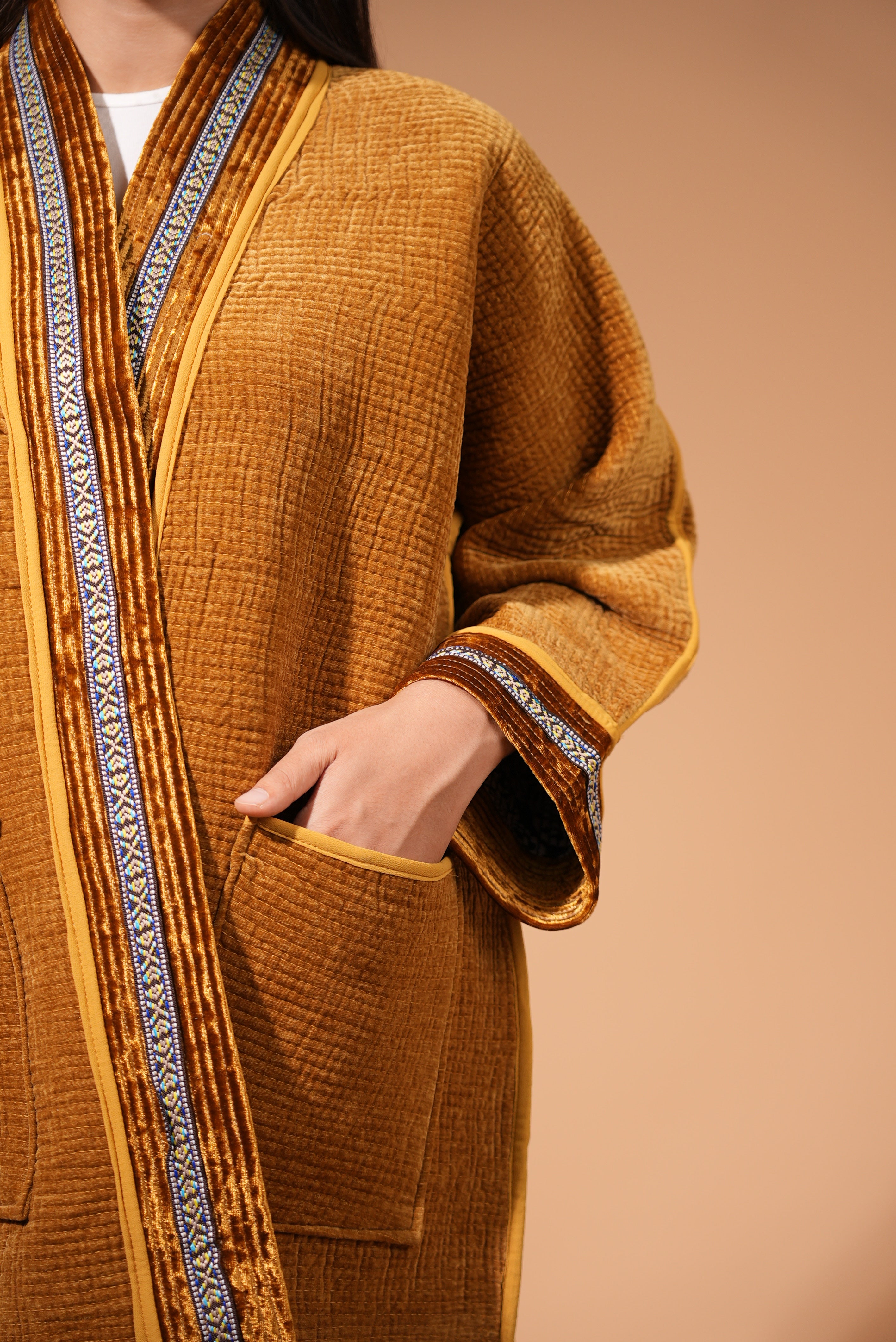 Golden Velvet Chapan with Traditional Ikat Back Panel — Hand