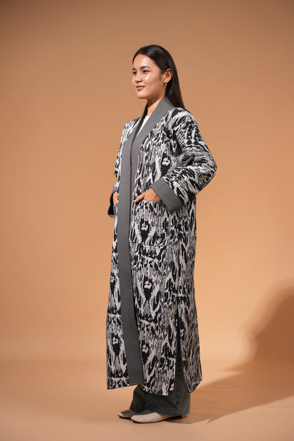 Reversible Ikat Chapan — Grey & Red — Hand-Embroidered — Includes Matching Tote