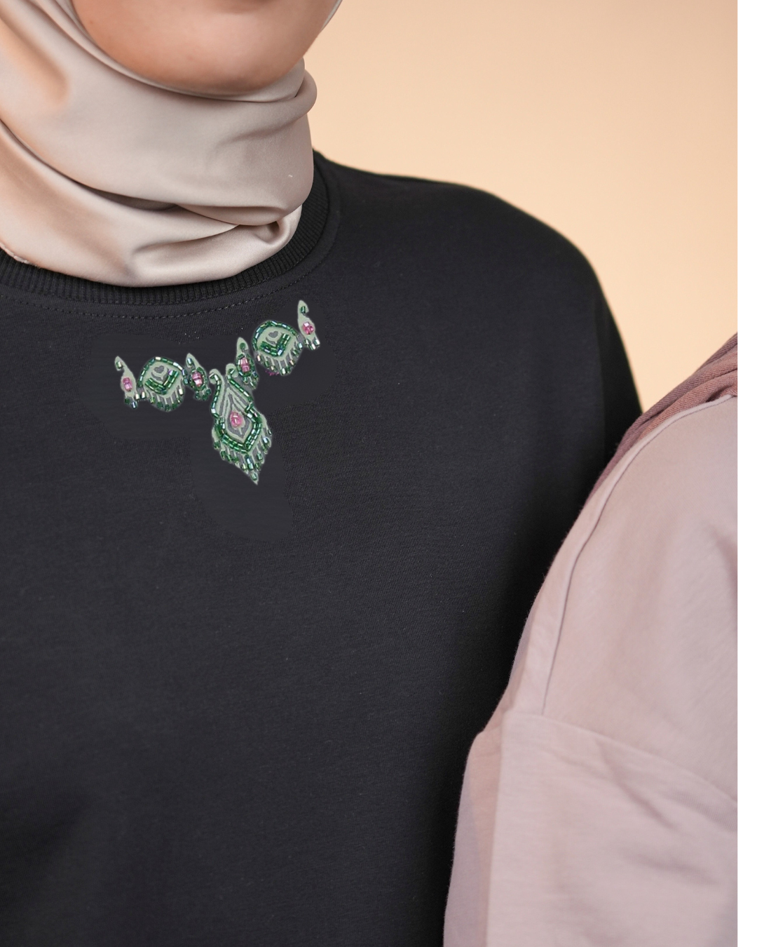 Ikat Festive - Lush Charm - Warm Black with Green Beads – Hand-Beaded