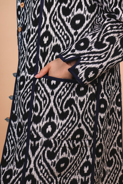 Reversible Chapan with Hood – Ikat Design — Hand-Embroidered — Includes Matching Tote