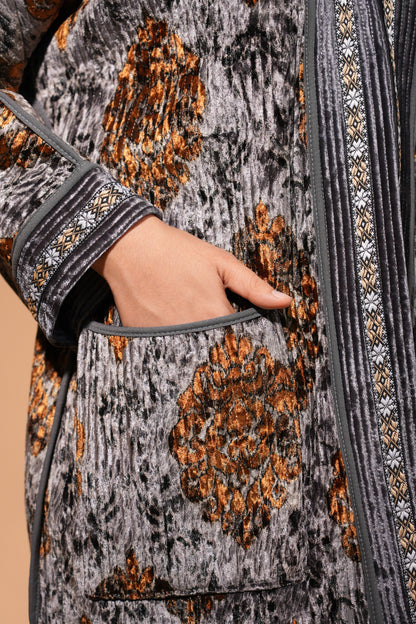 Reversible Velvet Ikat Coat — Silver & Golden — Hand-Embroidered