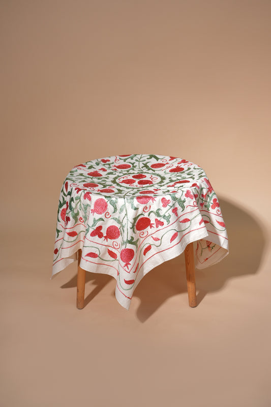 Hand-Embroidered Red Pomegranate Tablecloth