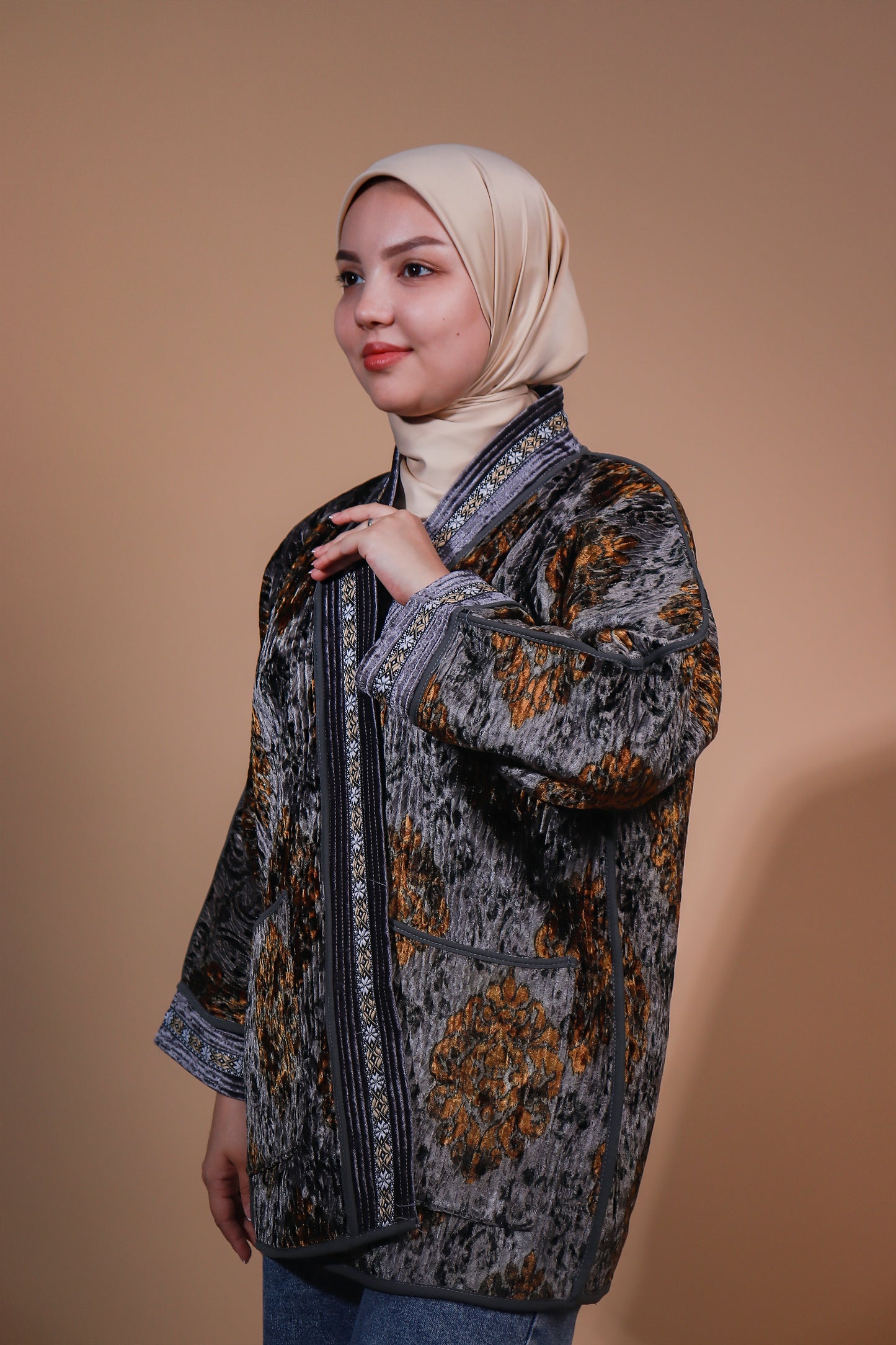 Reversible Velvet Ikat Coat — Silver & Golden — Hand-Embroidered