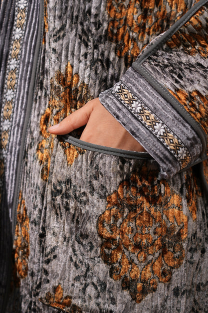 Reversible Velvet Ikat Coat — Silver & Golden — Hand-Embroidered
