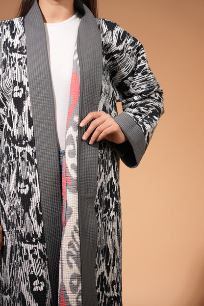 Reversible Ikat Chapan — Grey & Red — Hand-Embroidered — Includes Matching Tote