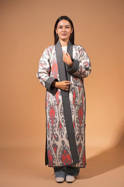 Reversible Ikat Chapan — Grey & Red — Hand-Embroidered — Includes Matching Tote