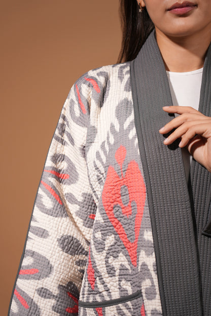 Reversible Ikat Chapan — Grey & Red — Hand-Embroidered — Includes Matching Tote