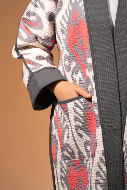 Reversible Ikat Chapan — Grey & Red — Hand-Embroidered — Includes Matching Tote