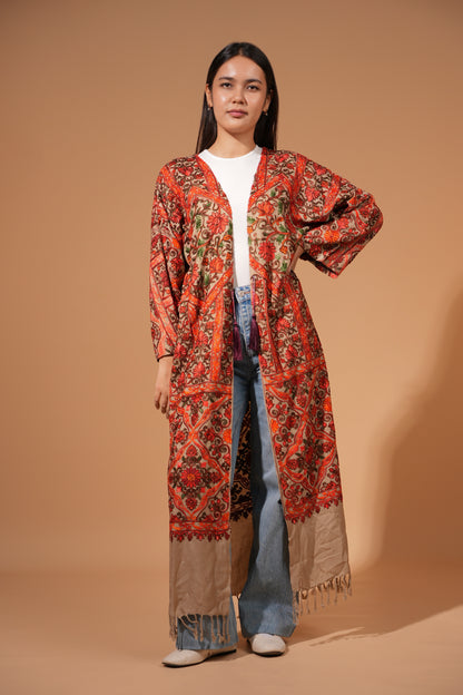 Floral Embroidered Long Coat with Tassel Detail — Hand-Embroidered