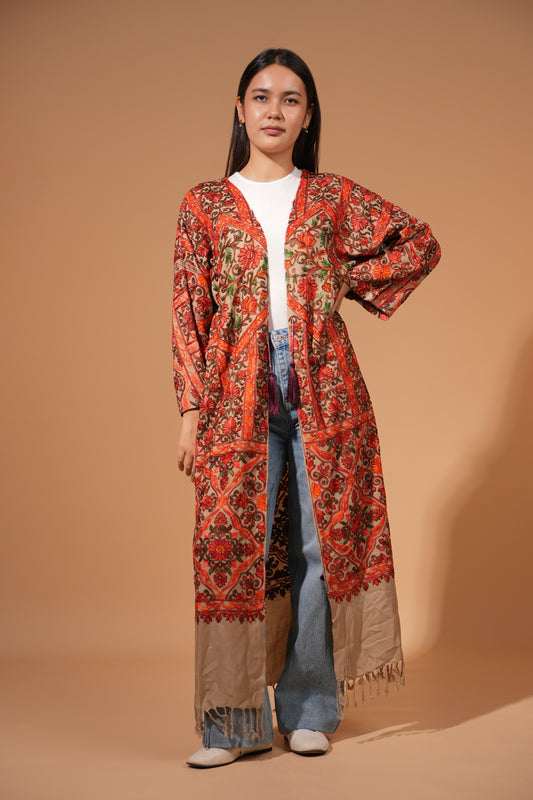Floral Embroidered Long Coat with Tassel Detail — Hand-Embroidered
