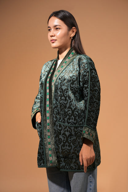 Reversible Velvet Ikat Chapan — Emerald Green — Hand-Embroidered