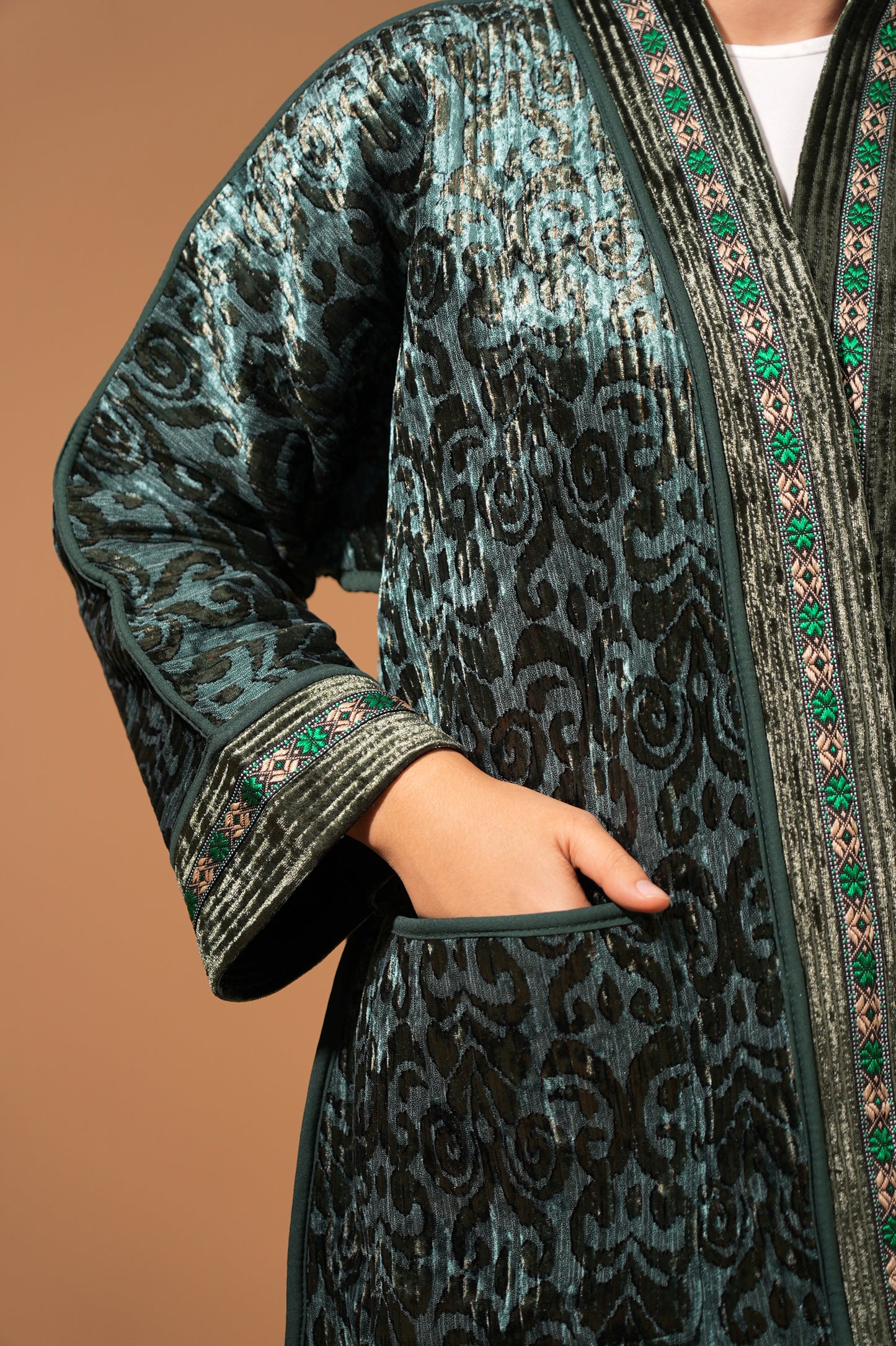 Reversible Velvet Ikat Chapan — Emerald Green — Hand-Embroidered
