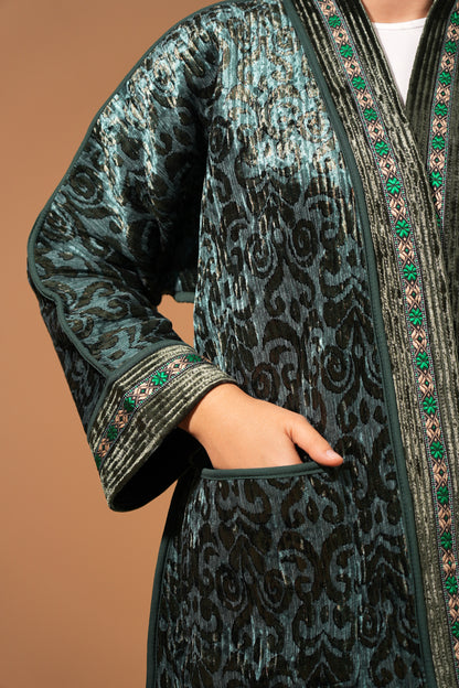 Reversible Velvet Ikat Chapan — Emerald Green — Hand-Embroidered