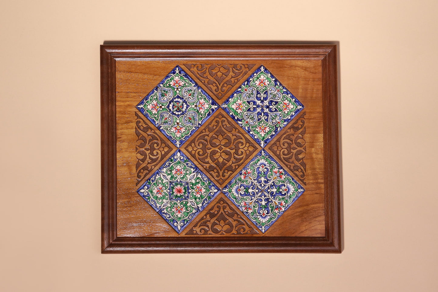 Handcrafted Wooden Wall Panel with Ceramic Inlay – 23×26 cm