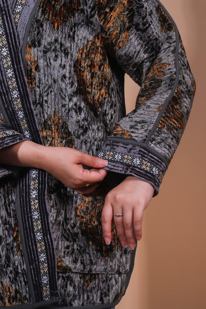 Reversible Velvet Ikat Coat — Silver & Golden — Hand-Embroidered