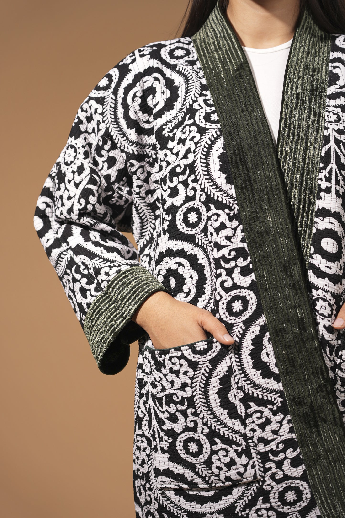 Reversible Velvet Ikat Chapan — Emerald Green — Hand-Embroidered