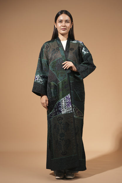 Emerald Velvet Patchwork Long Coat — Hand-Embroidered — Includes Matching Tote Bag