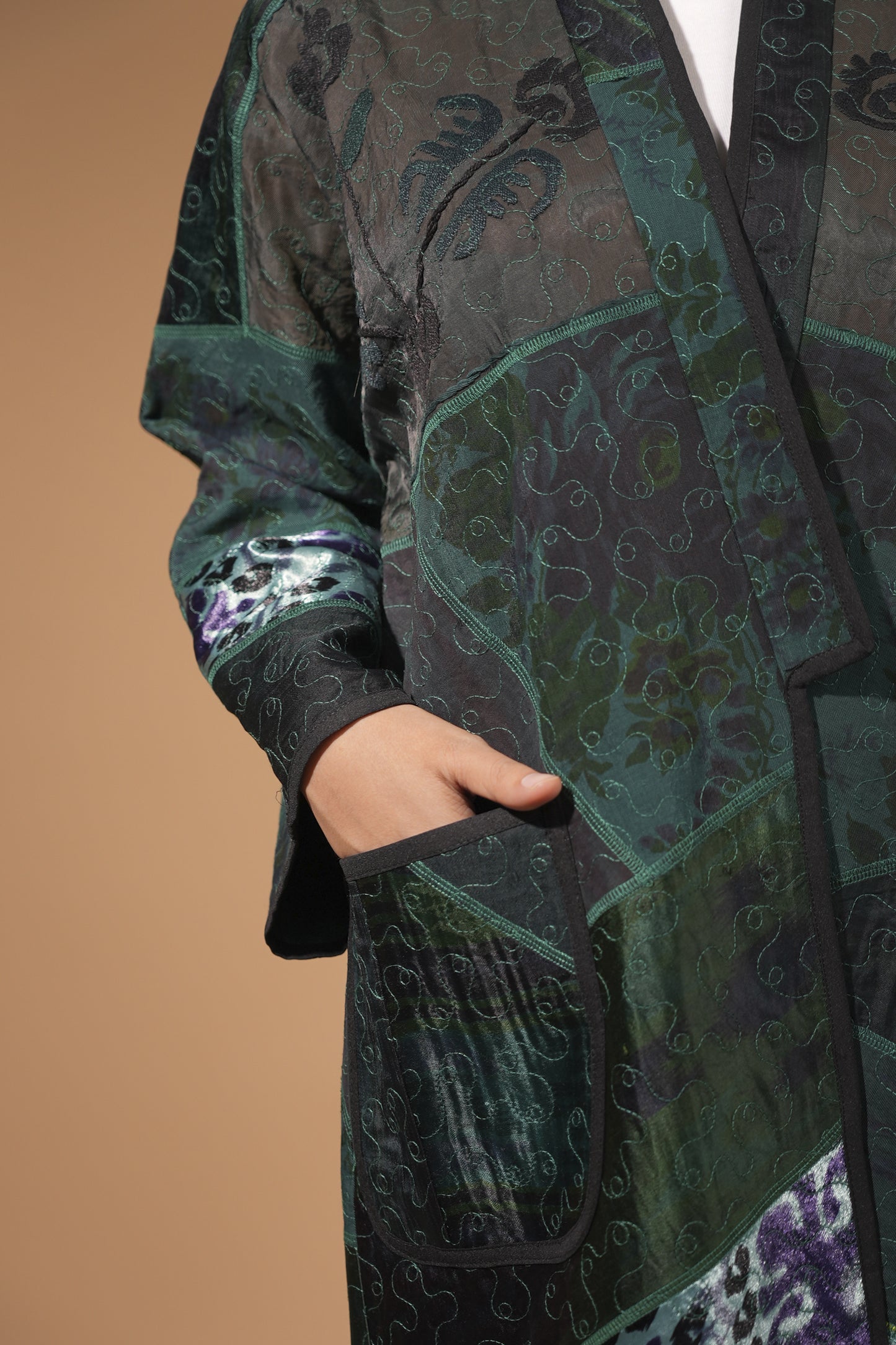 Emerald Velvet Patchwork Long Coat — Hand-Embroidered — Includes Matching Tote Bag