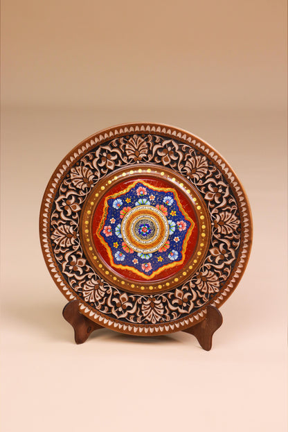 Handcrafted Wooden Décor Plate with Floral Motifs – 20cm