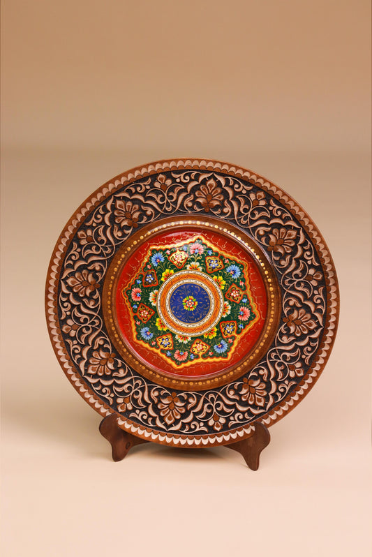 Handcrafted Wooden Décor Plate with Intricate Floral Design - 25 cm