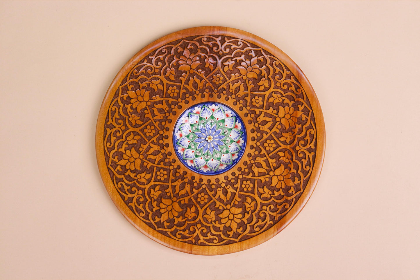 Hand-Carved Wooden Wall Panel with Ceramic Center – 28cm x 28cm