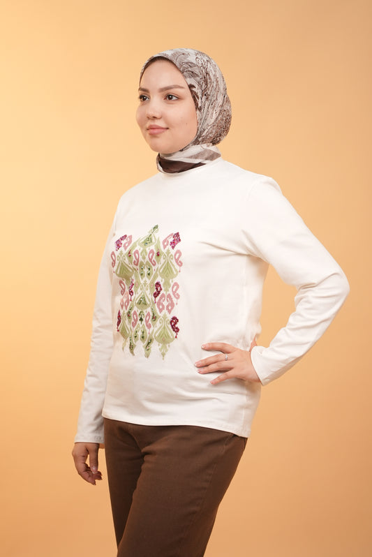 Ikat Bloom - Sage —  White —  Hand-Beaded