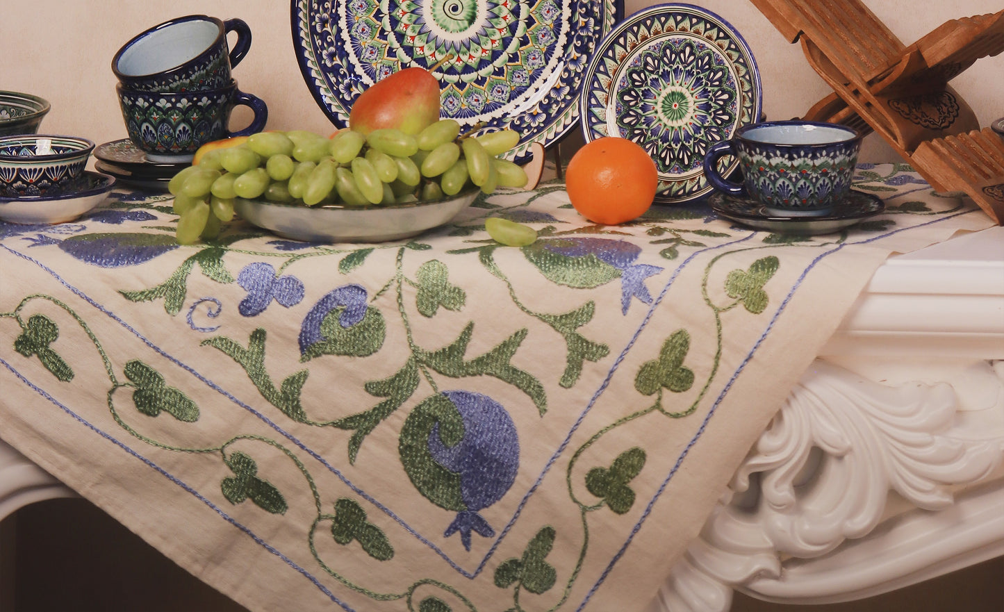 Hand-Embroidered Blue & Green Pomegranate Tablecloth