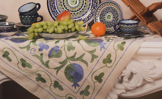 Hand-Embroidered Blue & Green Pomegranate Tablecloth