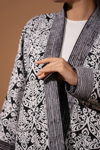 Reversible Velvet Ikat Coat — Silver & Golden — Hand-Embroidered