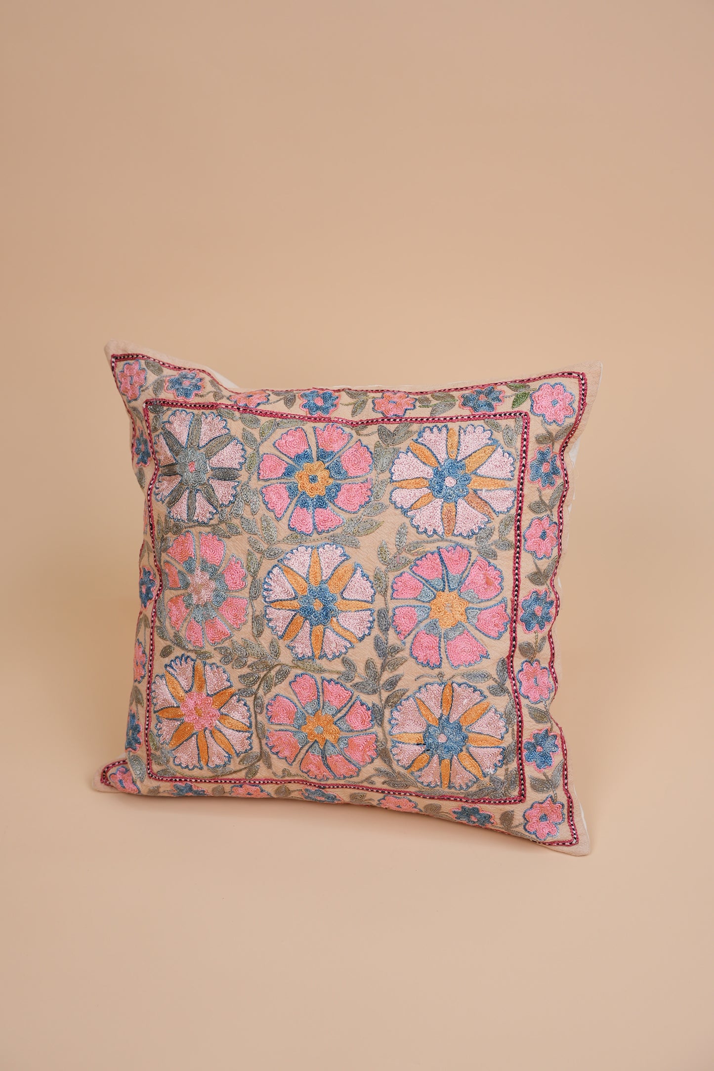 Hand-Embroidered Floral Pattern Pillow Case – Pink & Blue