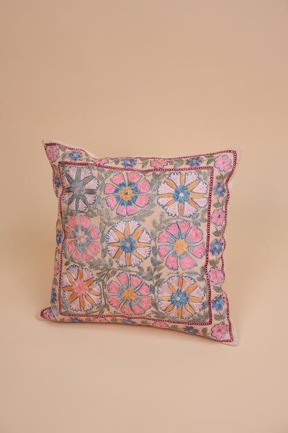 Hand-Embroidered Floral Pattern Pillow Case – Pink & Blue