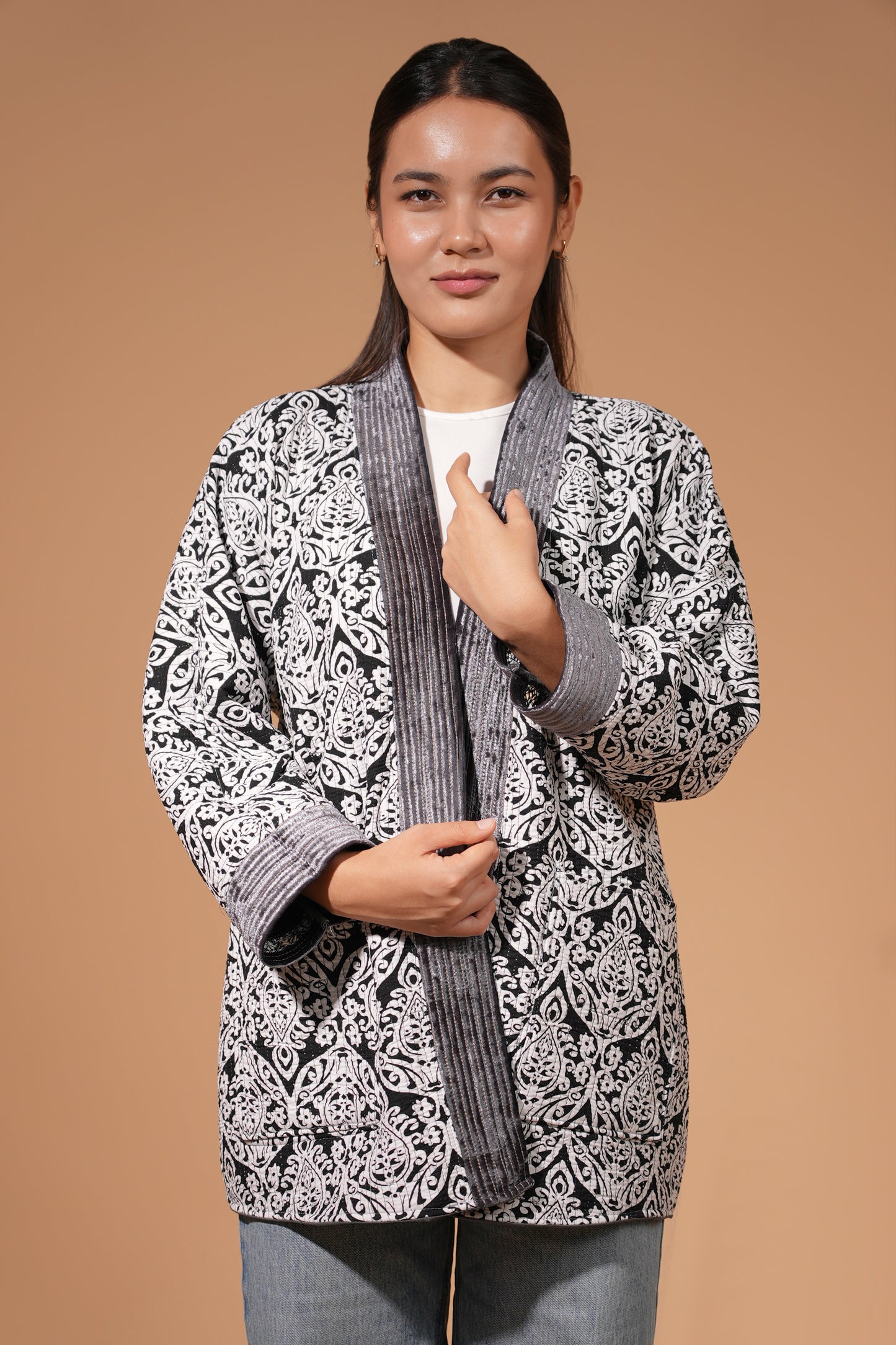 Reversible Velvet Ikat Coat — Silver & Golden — Hand-Embroidered