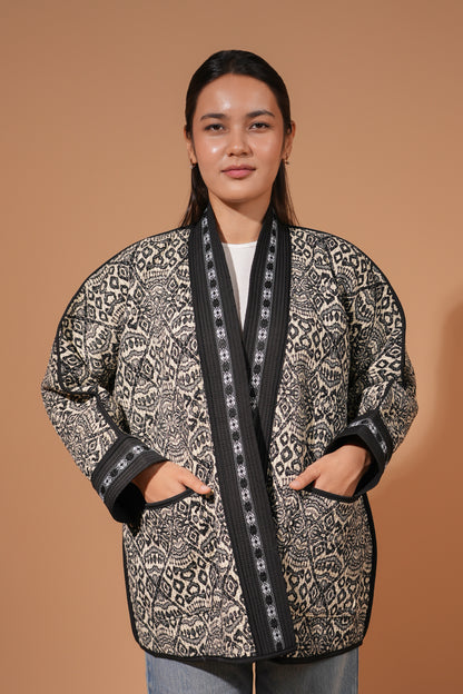 Black & White Reversible Short Chapan — Traditional Ikat Design — Hand Embroidery