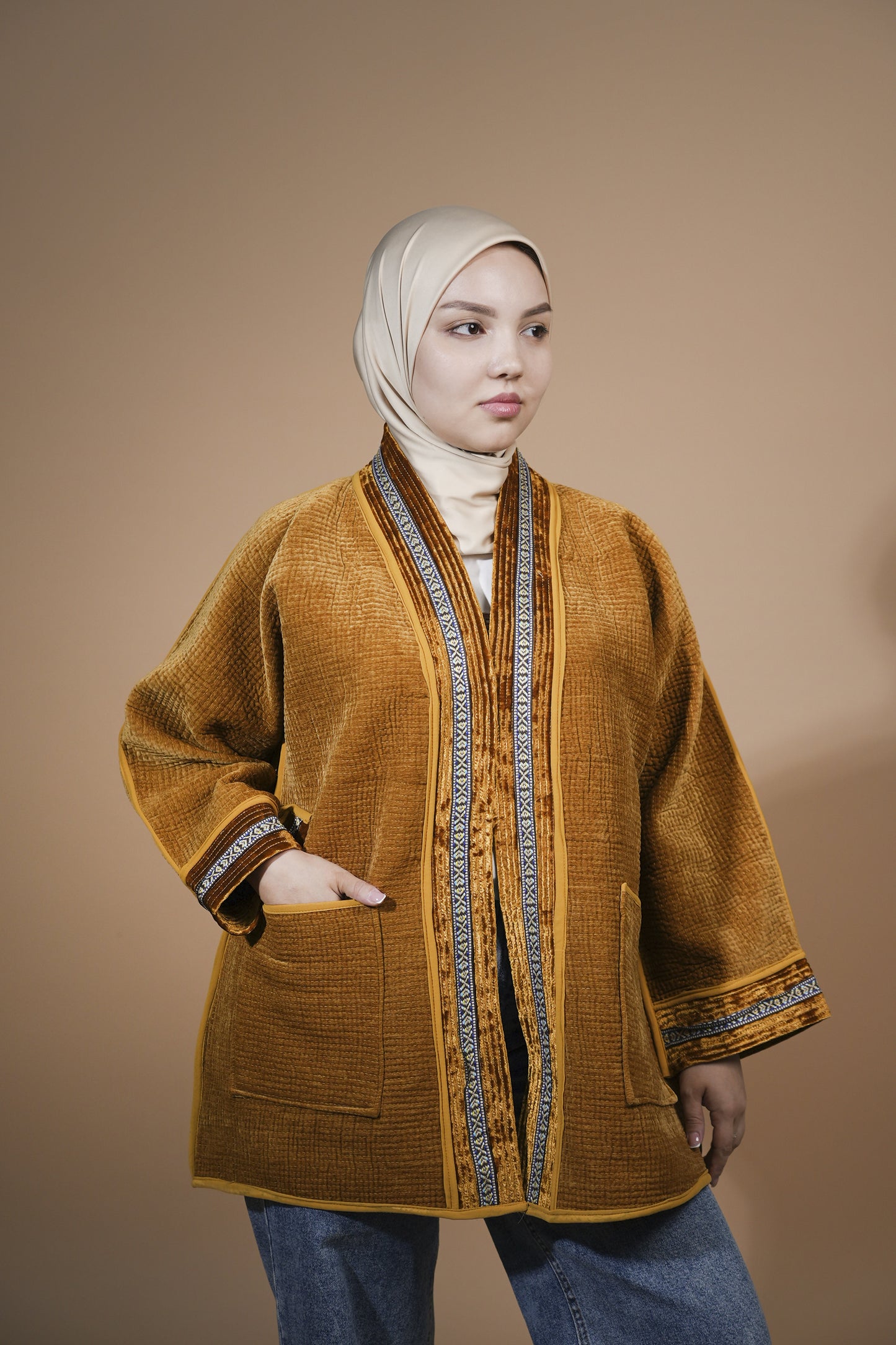 Golden Velvet Chapan with Traditional Ikat Back Panel — Hand-Embroidered