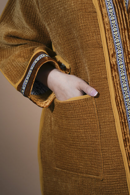 Golden Velvet Chapan with Traditional Ikat Back Panel — Hand-Embroidered